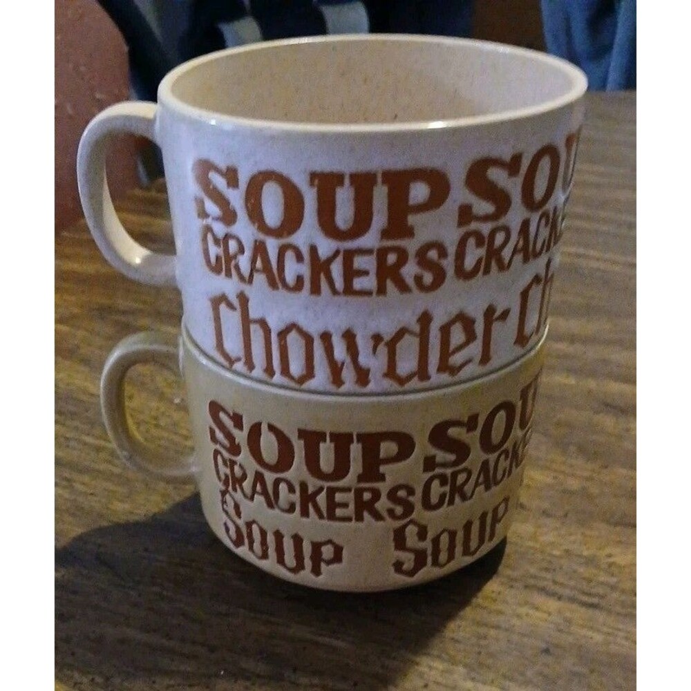 2 VTG 1970's SOUP CRACKERS Ceramic Stoneware Mug Cup Bowl 12 oz Made in Japan